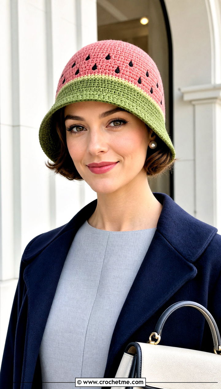Watermelon Cloche Hat With Shift Dress - 30 crochet watermelon hat outfit ideas