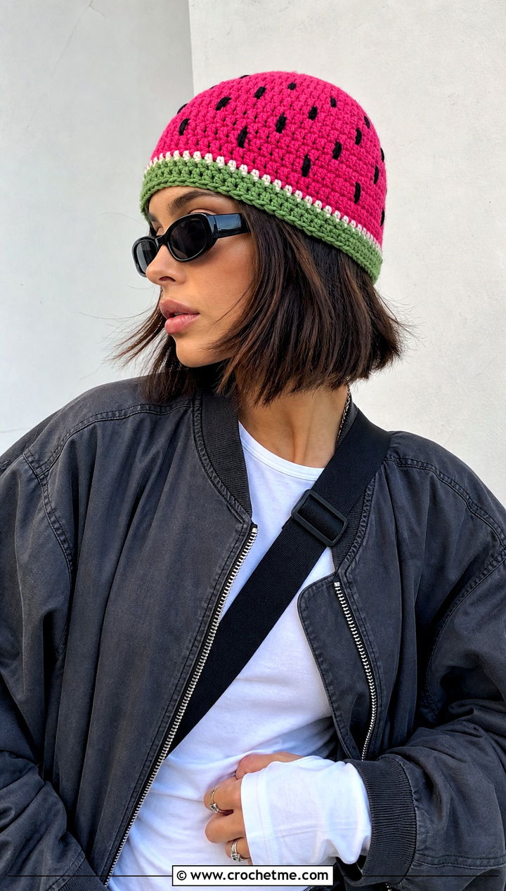 Watermelon Crochet Beanie With Cargo Pants - 30 crochet fruit beanie outfit ideas