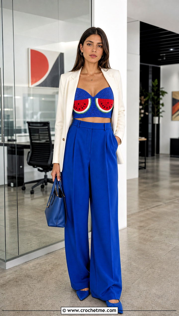 Watermelon Crochet Bustier Top With Blazer And Trousers - 30 watermelon crochet top outfit ideas