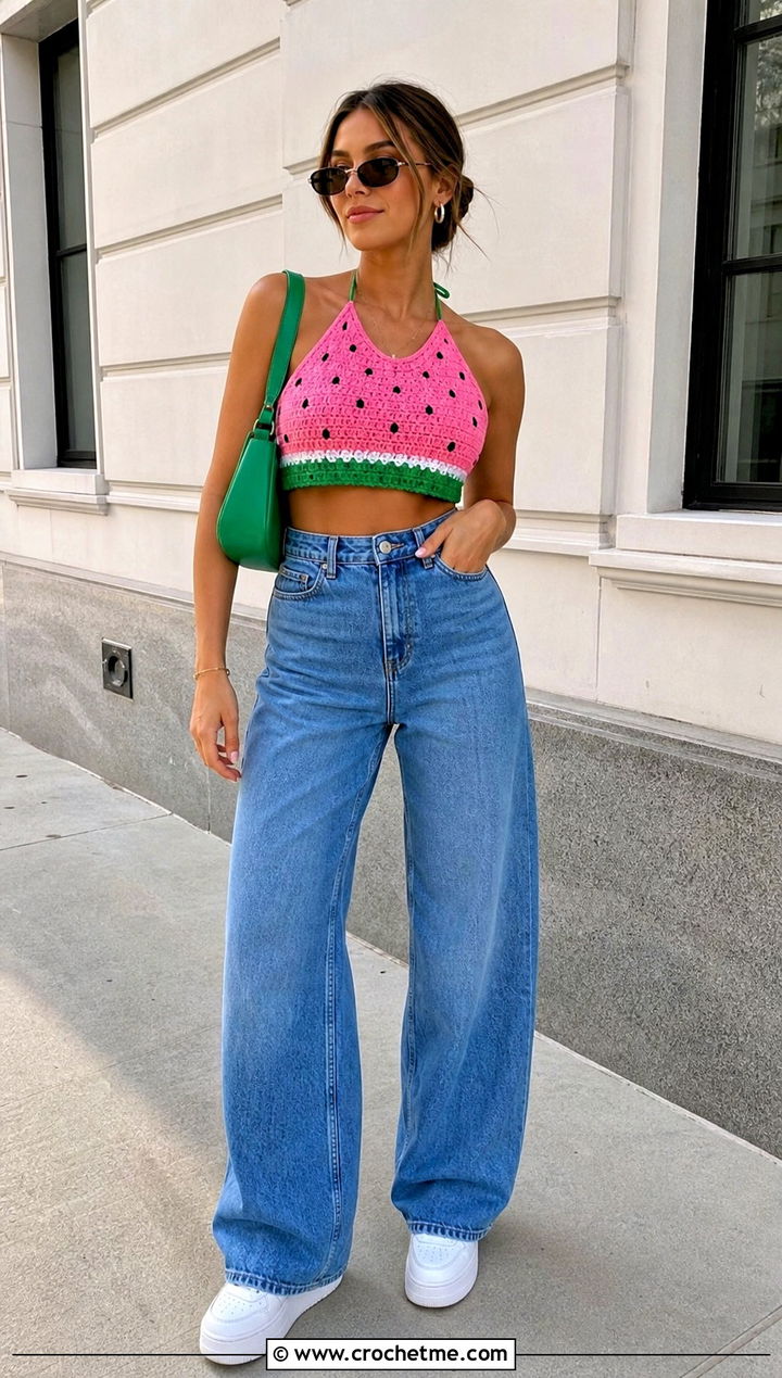 Watermelon Crochet Halter Top With Wide Leg Jeans - 30 watermelon crochet top outfit ideas