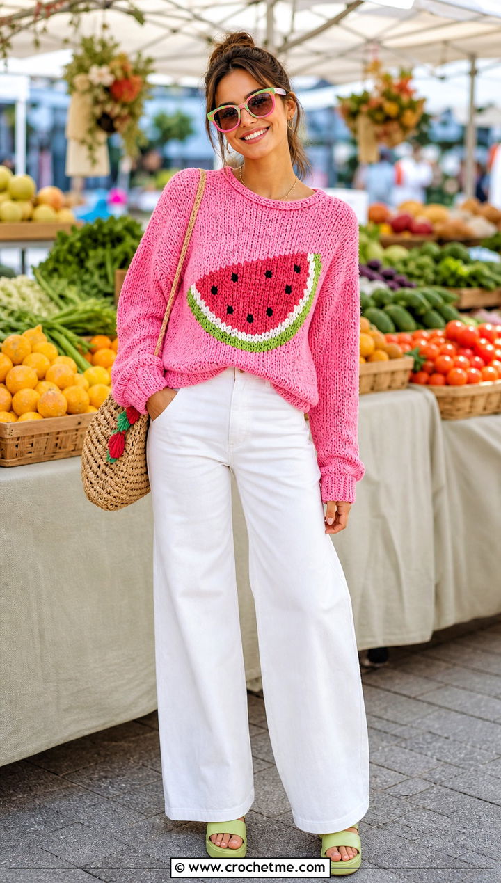 Watermelon Crochet Mabel Pines Sweater With White Jeans - 15 Crochet Mable Pines Sweater outfit ideas