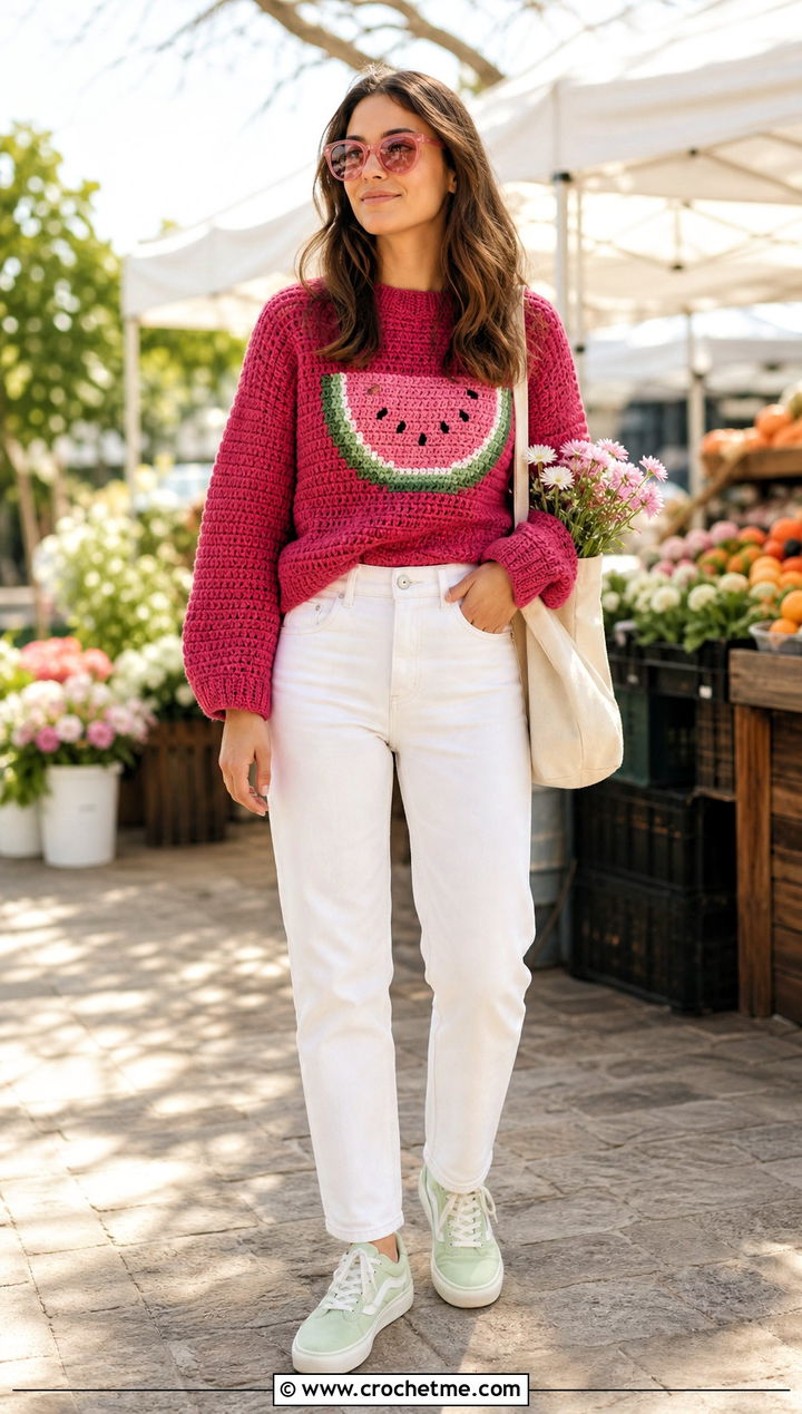 Watermelon Crochet Mabel Pines Sweater With White Jeans - 30 crochet mabel pines sweater outfit ideas