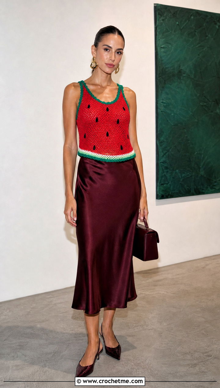 Watermelon Crochet Mesh Tank Top With Satin Midi Skirt - 30 watermelon crochet top outfit ideas