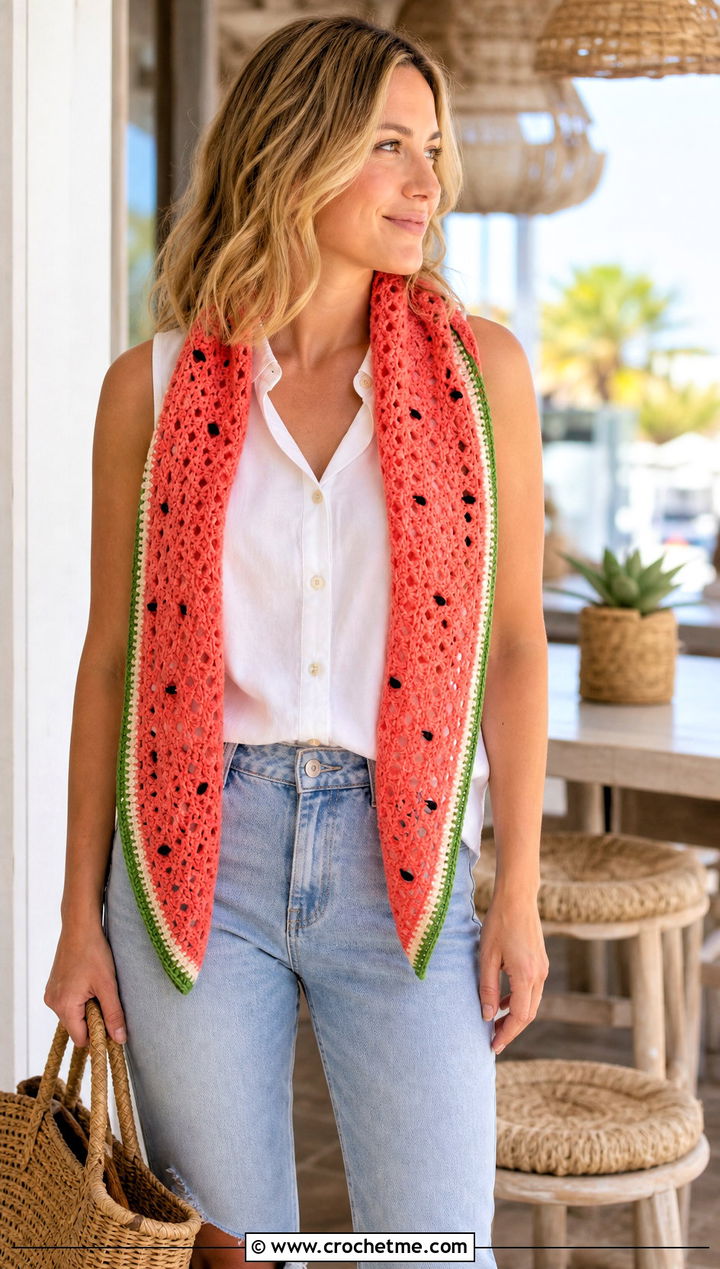 Watermelon Crochet Scarf With Summer Outfit - 15 Funny Crochet Scarves outfit ideas