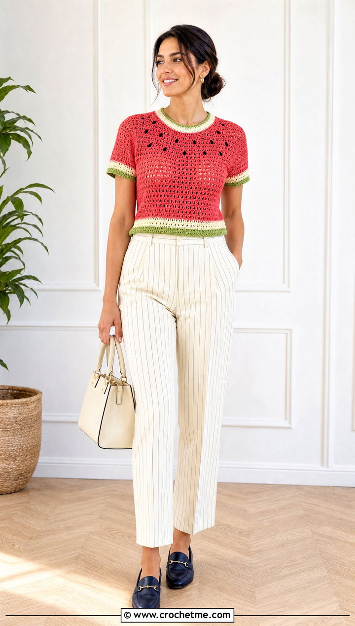 Watermelon Crochet Short Sleeve Sweater With Printed Pants - 35 crochet light sweater outfit ideas