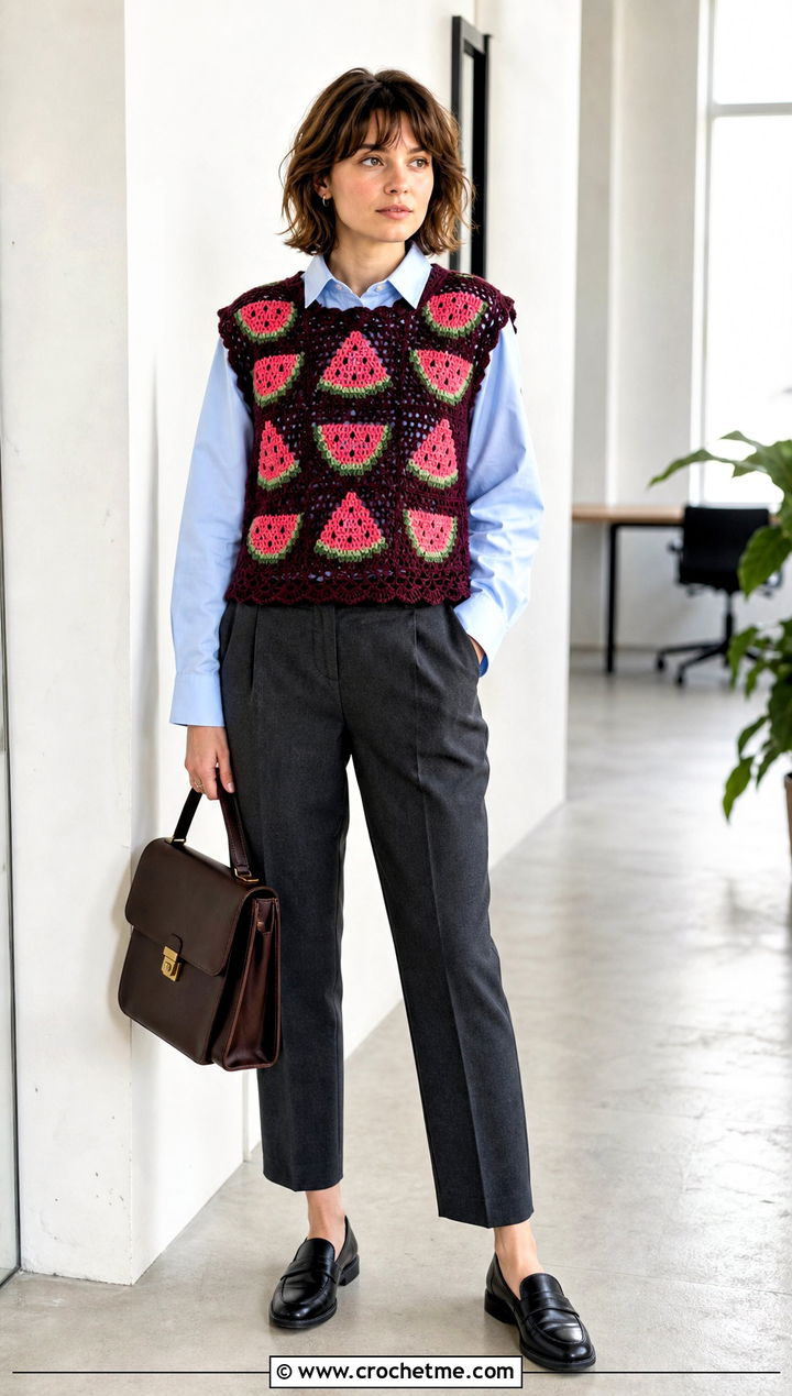 Watermelon Crochet Sweater Vest With Poplin Shirt And Trousers - 30 watermelon crochet top outfit ideas