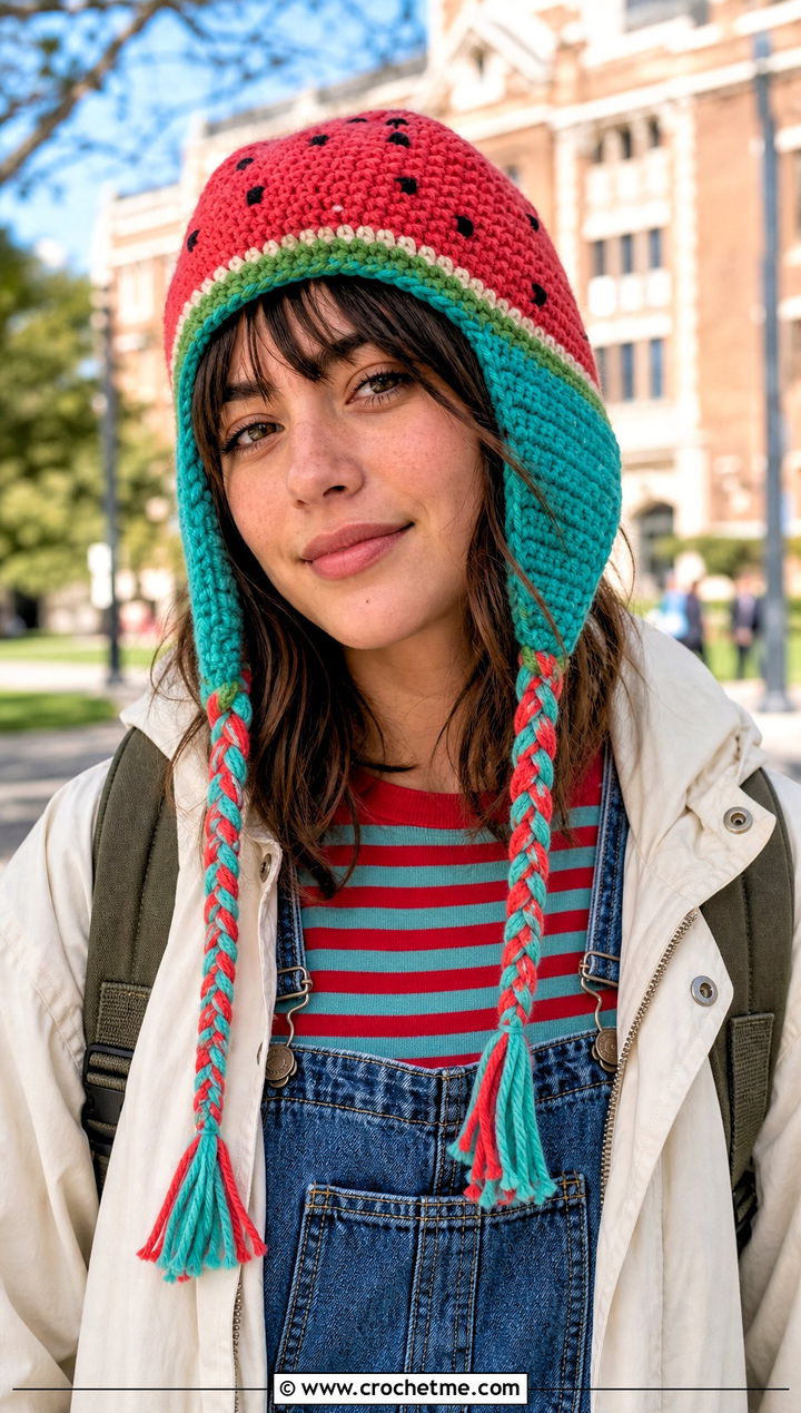Watermelon Earflap Hat With Denim Overalls - 30 crochet watermelon hat outfit ideas