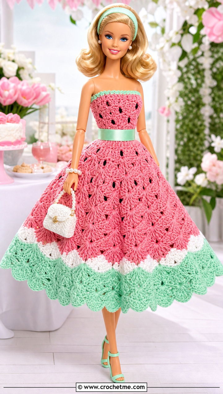 Watermelon Fan Stitch Crochet Barbie Ball Gown - 30 crochet barbie ball gowns outfit ideas