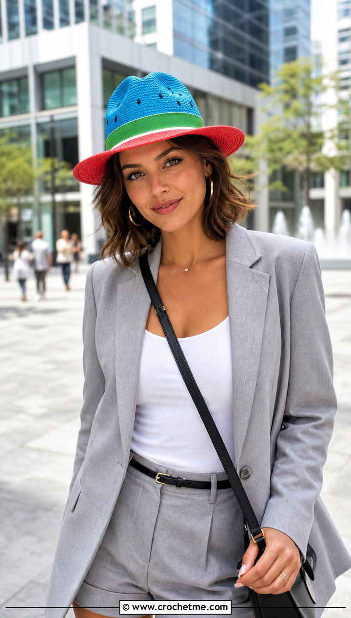 Watermelon Fedora With Tailored Shorts - 30 crochet watermelon hat outfit ideas