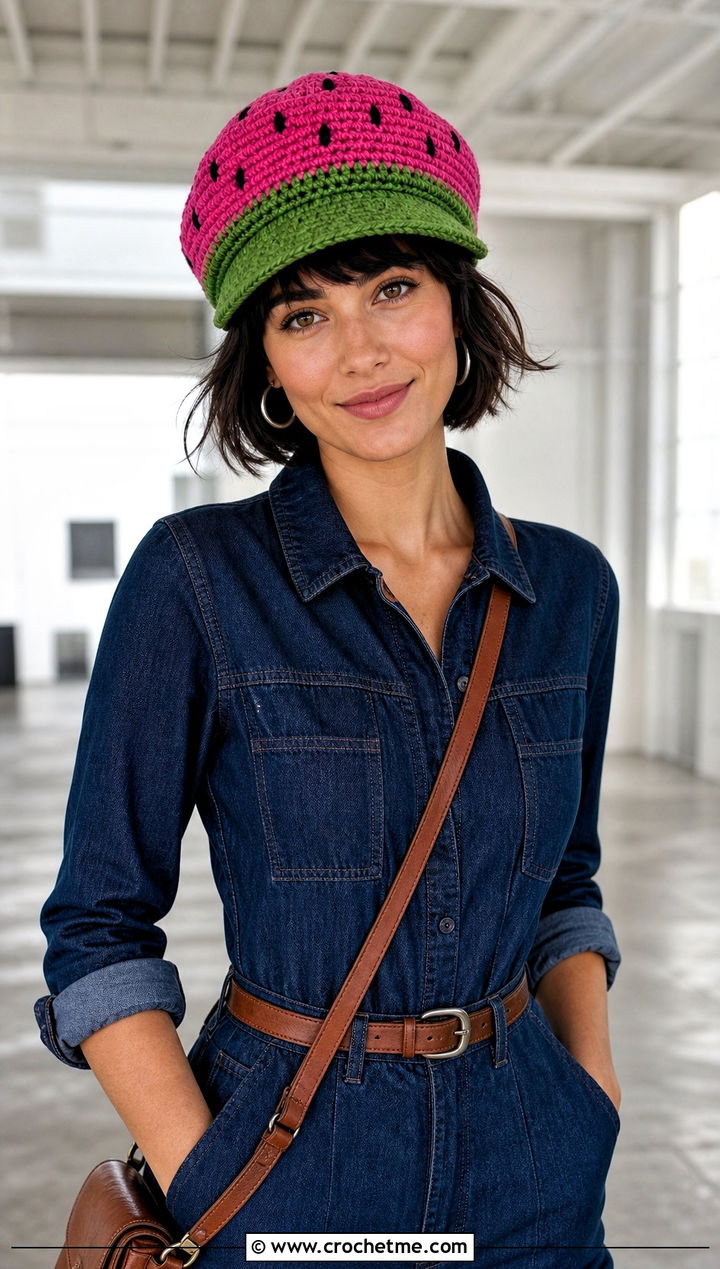 Watermelon Newsboy Cap With Denim Jumpsuit - 30 crochet watermelon hat outfit ideas