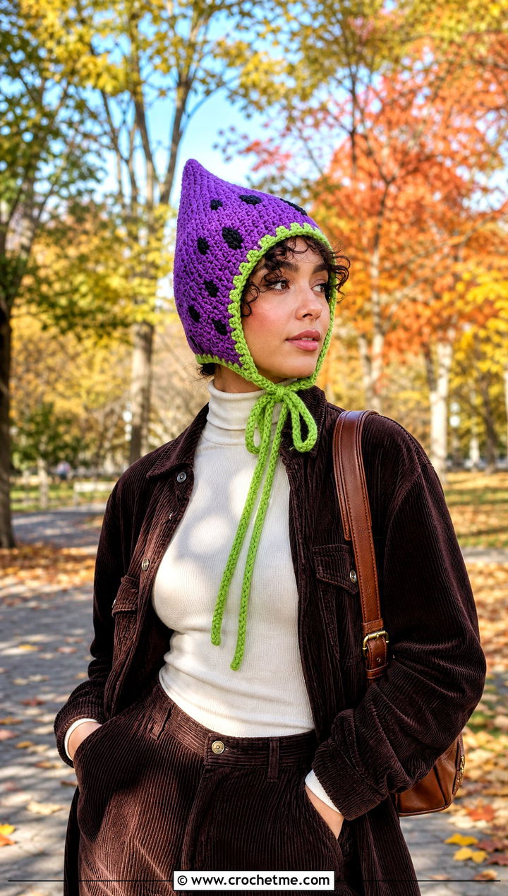Watermelon Pixie Bonnet With Corduroy Outfit - 30 crochet watermelon hat outfit ideas