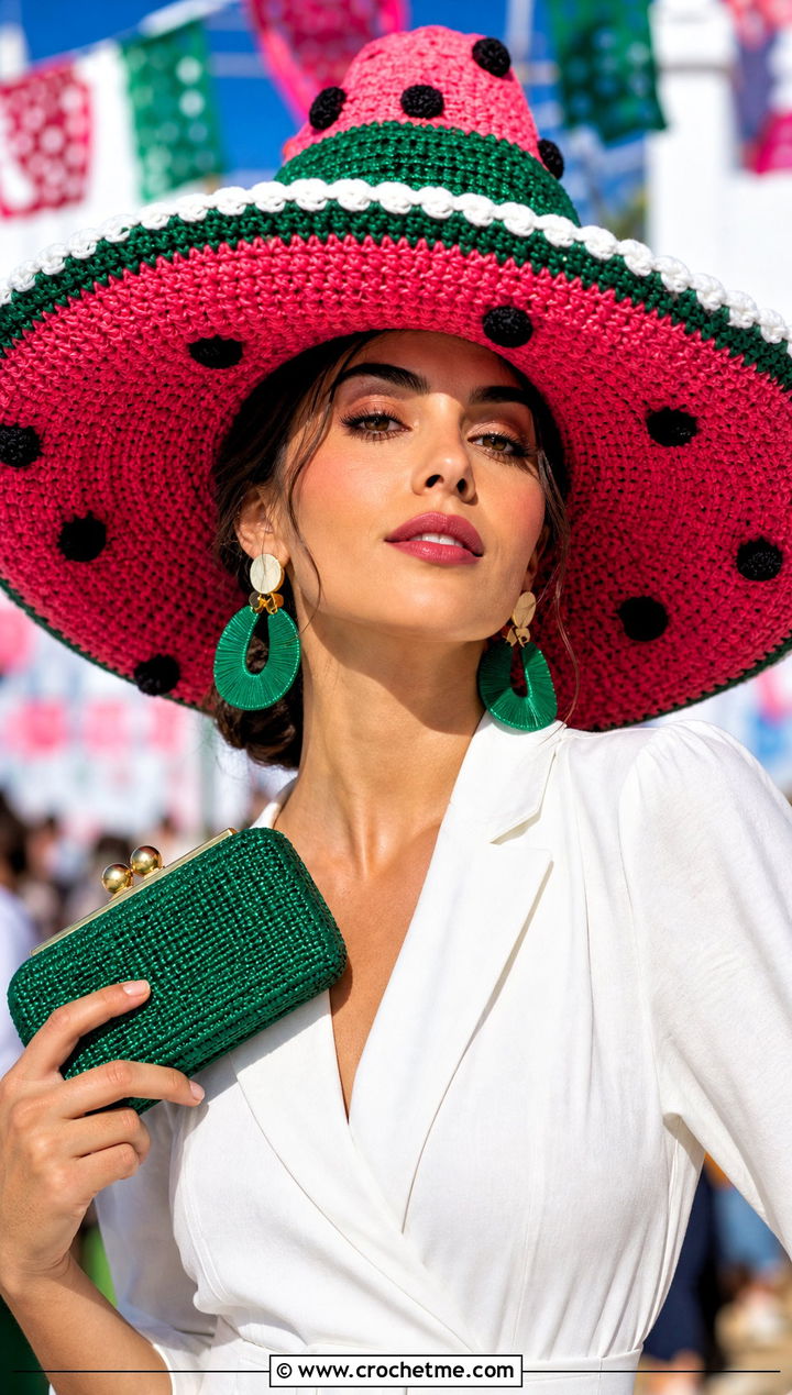 Watermelon Sombrero With White Jumpsuit - 30 crochet watermelon hat outfit ideas