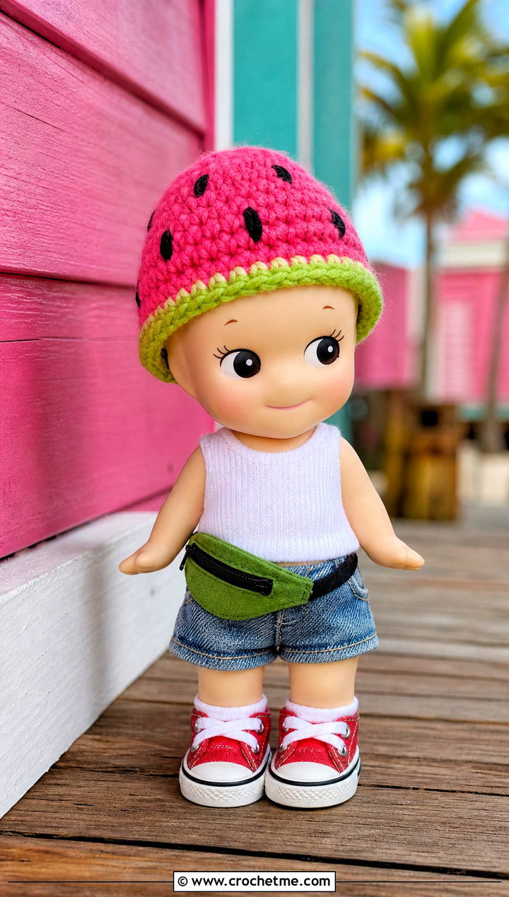 Watermelon Sonny Angel Crochet Hat With Denim Shorts - 30 sonny angel crochet hat outfit ideas