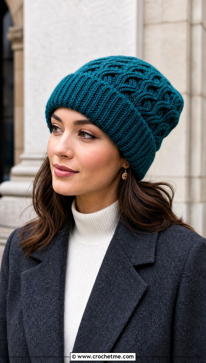 Wave Brioche Crochet Beanie With Tailored Coat - 20 Wavy Crochet Beanie outfit ideas