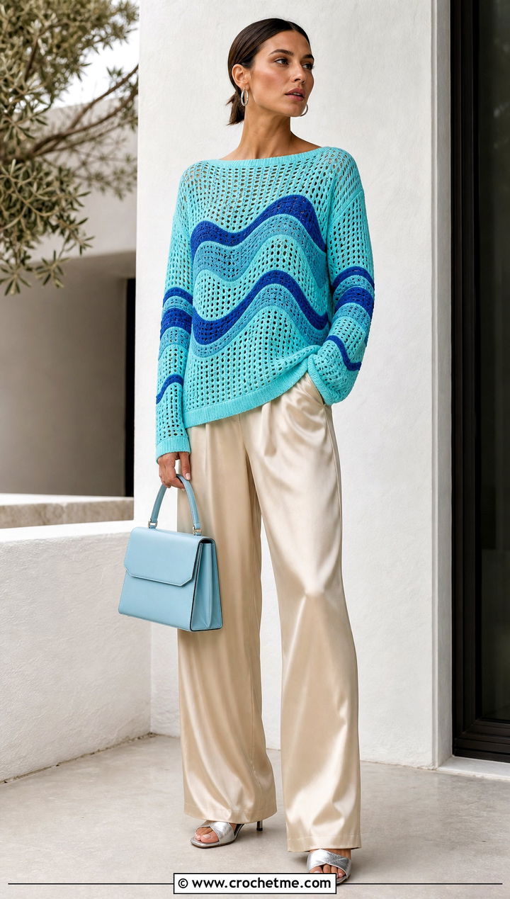 Wave Crochet Graphic Sweater With Satin Trousers - 30 crochet graphic sweater outfit ideas