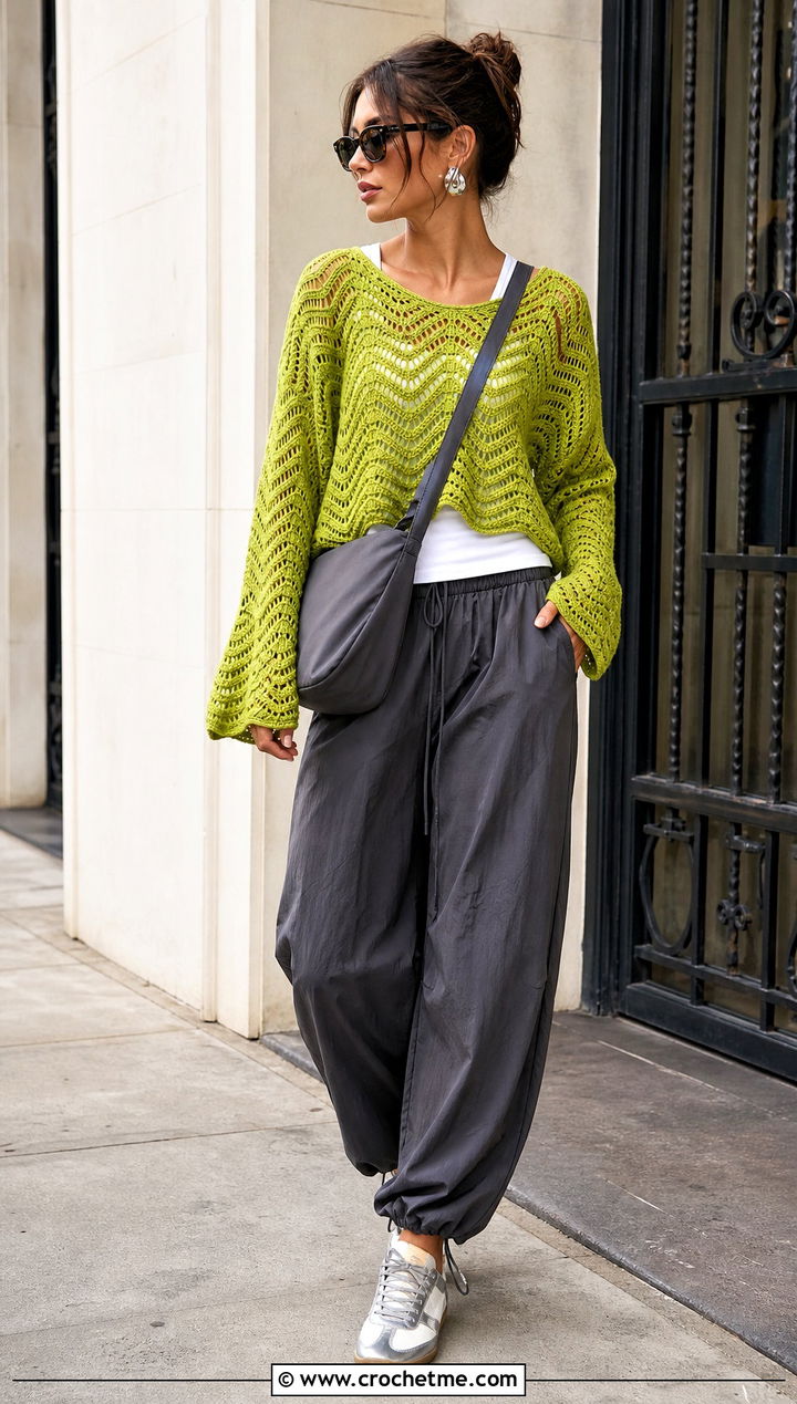 Wave Crochet Panel Sweater With Parachute Pants - 30 crochet panel sweater outfit ideas
