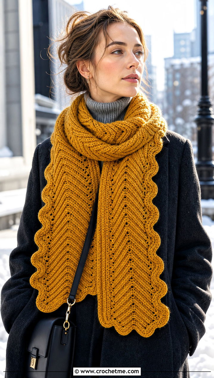 Wave Edge Crochet Chevron Scarf With Wool Coat - 20 Crochet Zig Zag Scarf outfit ideas