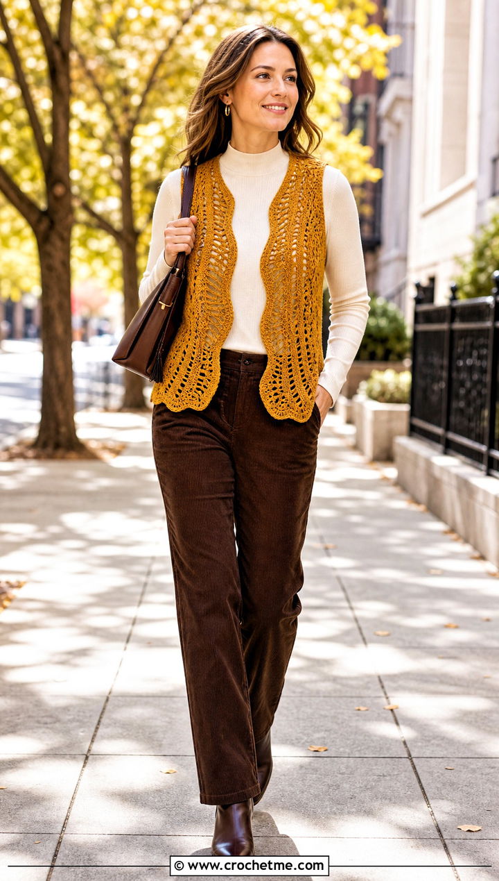 Wave Filet Crochet Vest With Corduroy Pants - 35 filet crochet vest outfit ideas