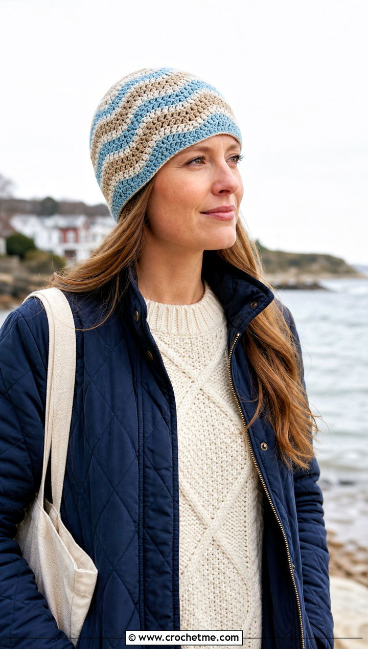 Wave Mosaic Crochet Beanie With Coastal Winter Outfit - 25 Mosaic Crochet Beanie outfit ideas