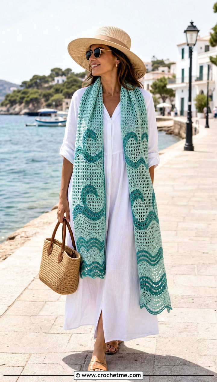 Wave Pattern Filet Crochet Scarf With A Linen Maxi Dress - 35 filet crochet scarf outfit ideas