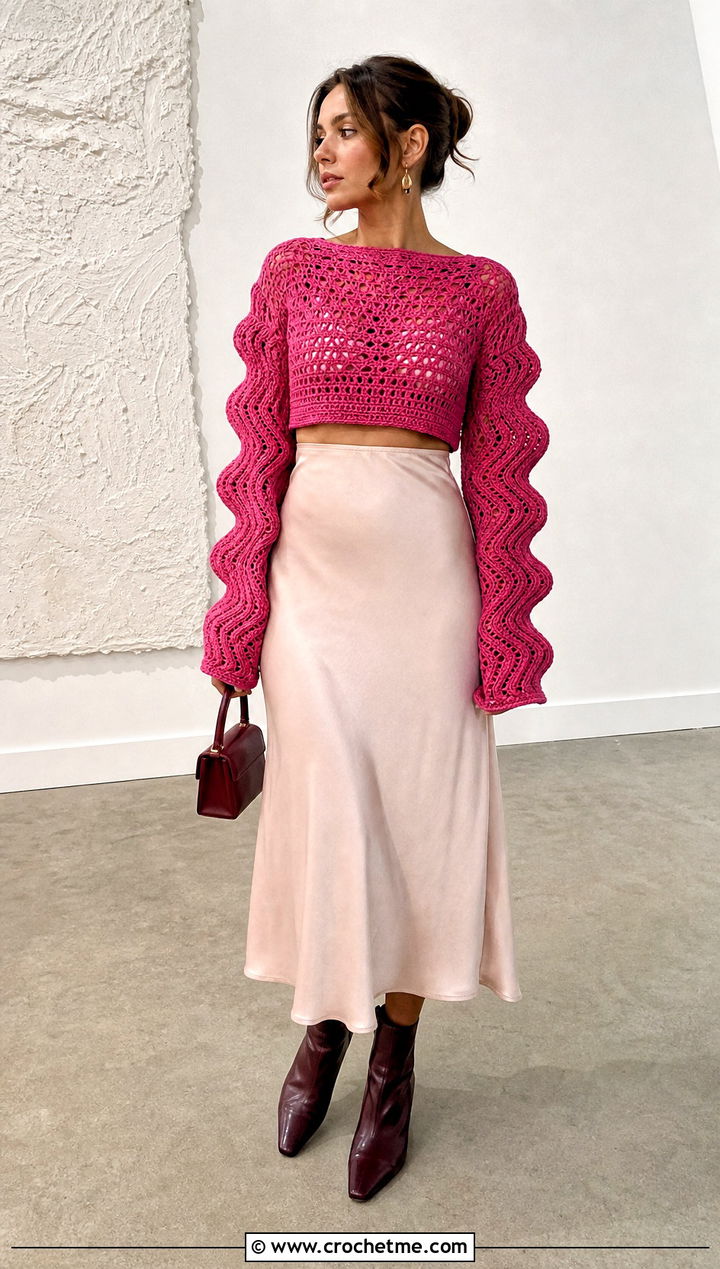 Wave Sleeve Crochet Crop Top Over A Slip Dress - 25 wavy crochet top outfit ideas