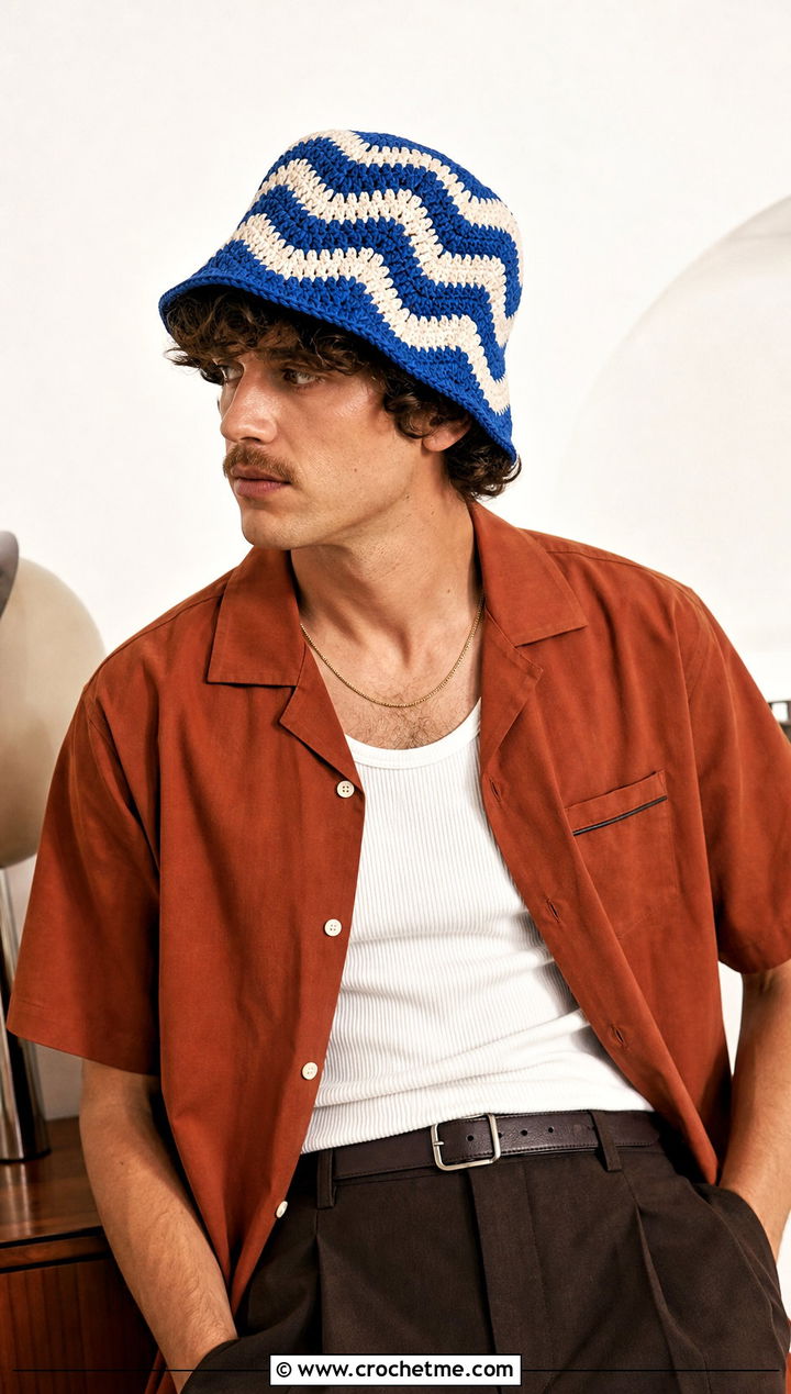 Wave Stitch Crochet Bucket Hat With Bowling Shirt And Trousers - 30 crochet bucket hat men outfit ideas