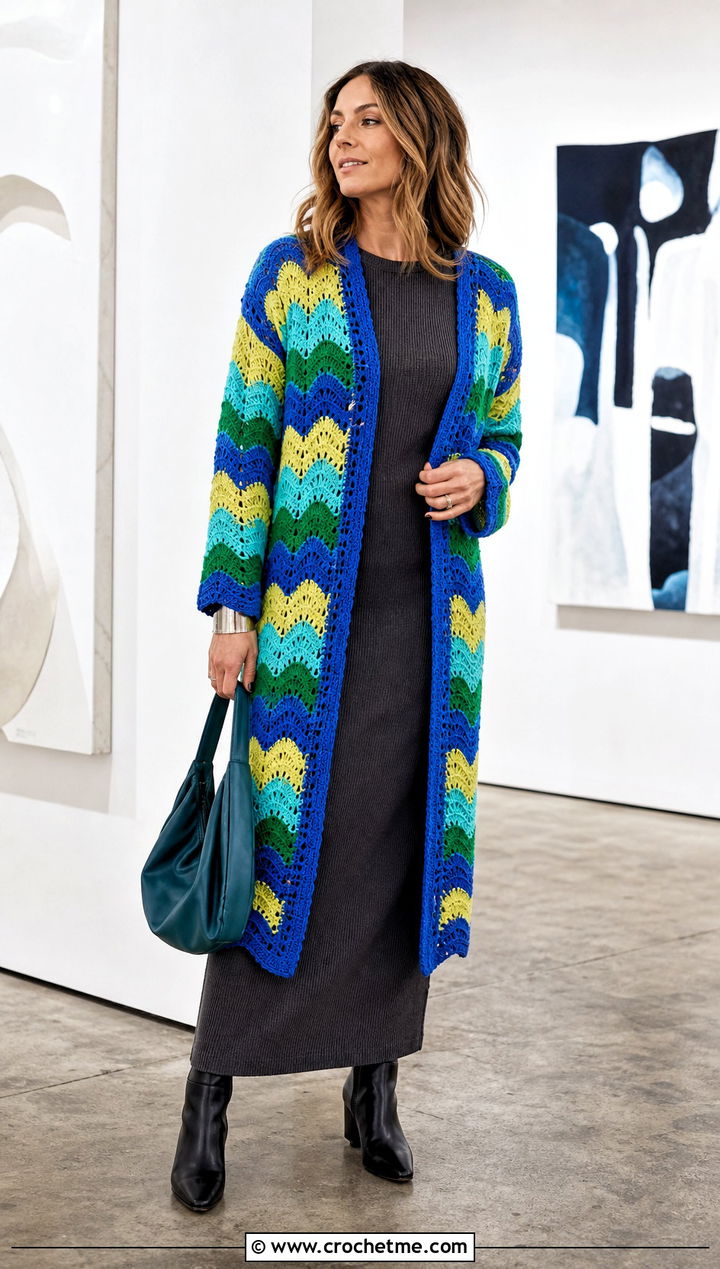 Wave Stitch Crochet Cardigan With A Knit Maxi Dress - 25 Crochet Colourful Cardigan outfit ideas
