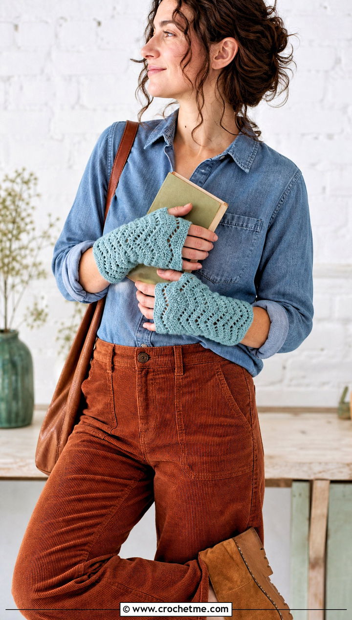 Wave Stitch Crochet Fingerless Gloves With Corduroy Pants - 25 finger less crochet gloves outfit ideas