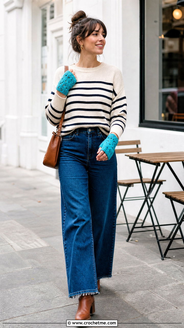 Wave Stitch Crochet Fingerless Gloves With Striped Sweater And Wide Jeans - 35 crochet fingerless gloves outfit ideas