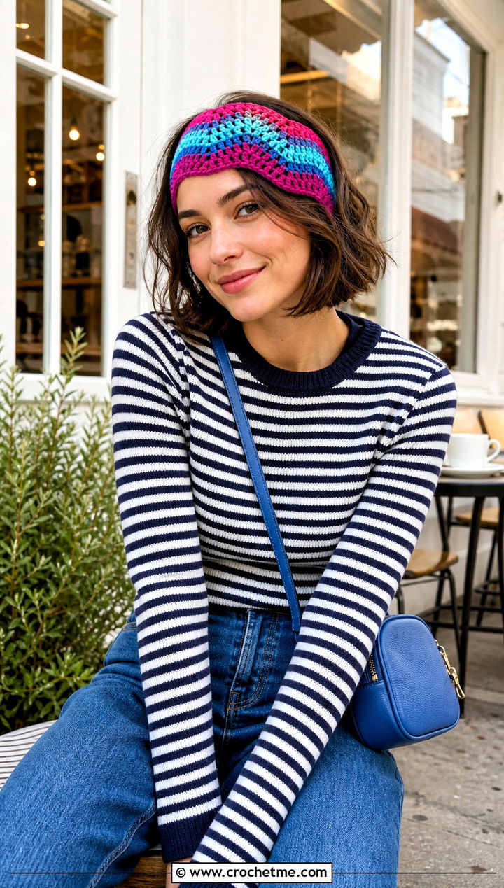 Wave Stitch Crochet Headband With Striped Sweater - 30 chunky crochet headband outfit ideas