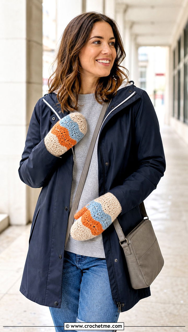 Wave Stitch Crochet Mittens With Raincoat - 25 cute crochet mittens outfit ideas
