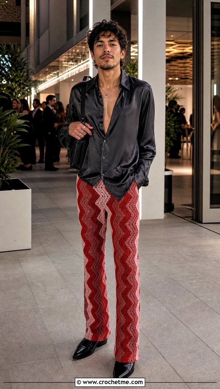 Wave Stitch Crochet Pants With Satin Shirt - 30 mens crochet pants outfit ideas