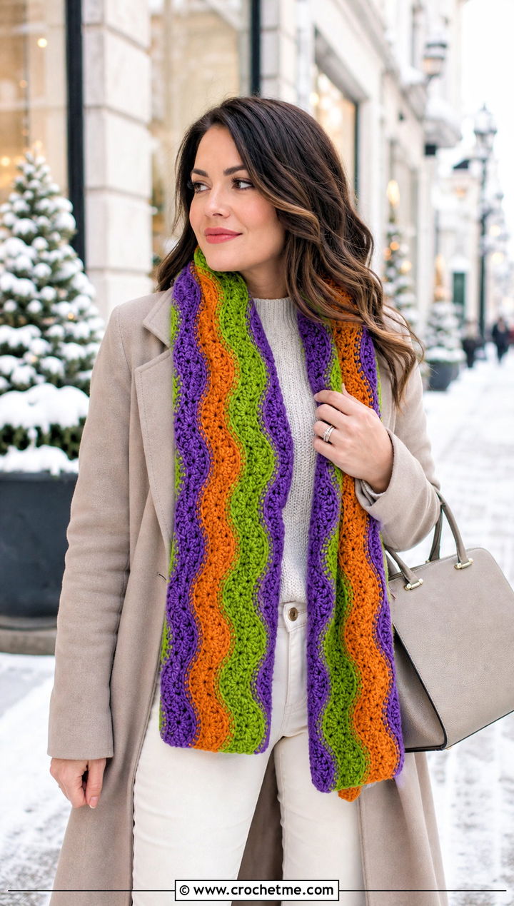 Wave Stitch Temperature Scarf With Winter White Outfit - 30 crochet temperature scarf outfit ideas