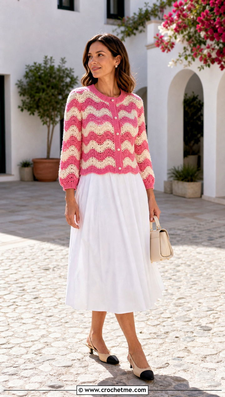 Wave Stripe Crochet Cardigan With Poplin Skirt - 35 crochet striped cardigan outfit ideas