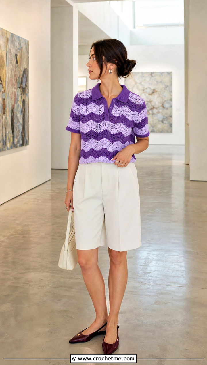 Wave Stripe Crochet Polo Top With Tailored Shorts - 30 two colour crochet top outfit ideas