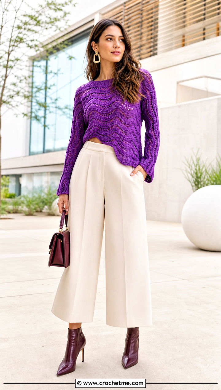 Wavy Asymmetrical Crochet Sweater With Culottes - 35 wavy crochet sweater outfit ideas