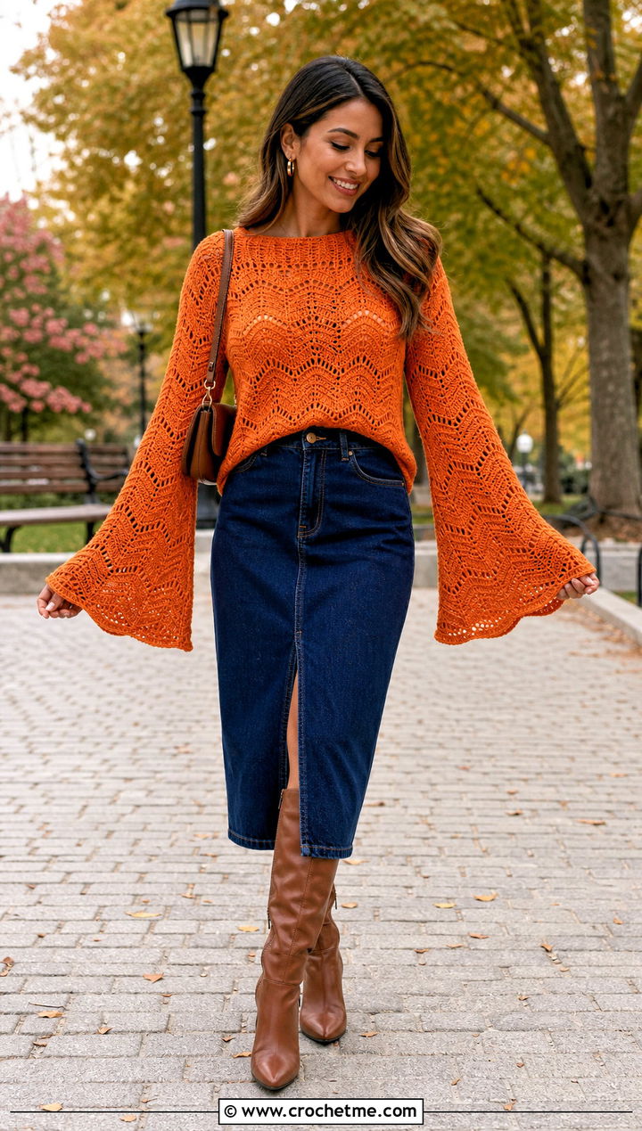 Wavy Bell Sleeve Crochet Sweater With Denim Midi Skirt - 35 wavy crochet sweater outfit ideas