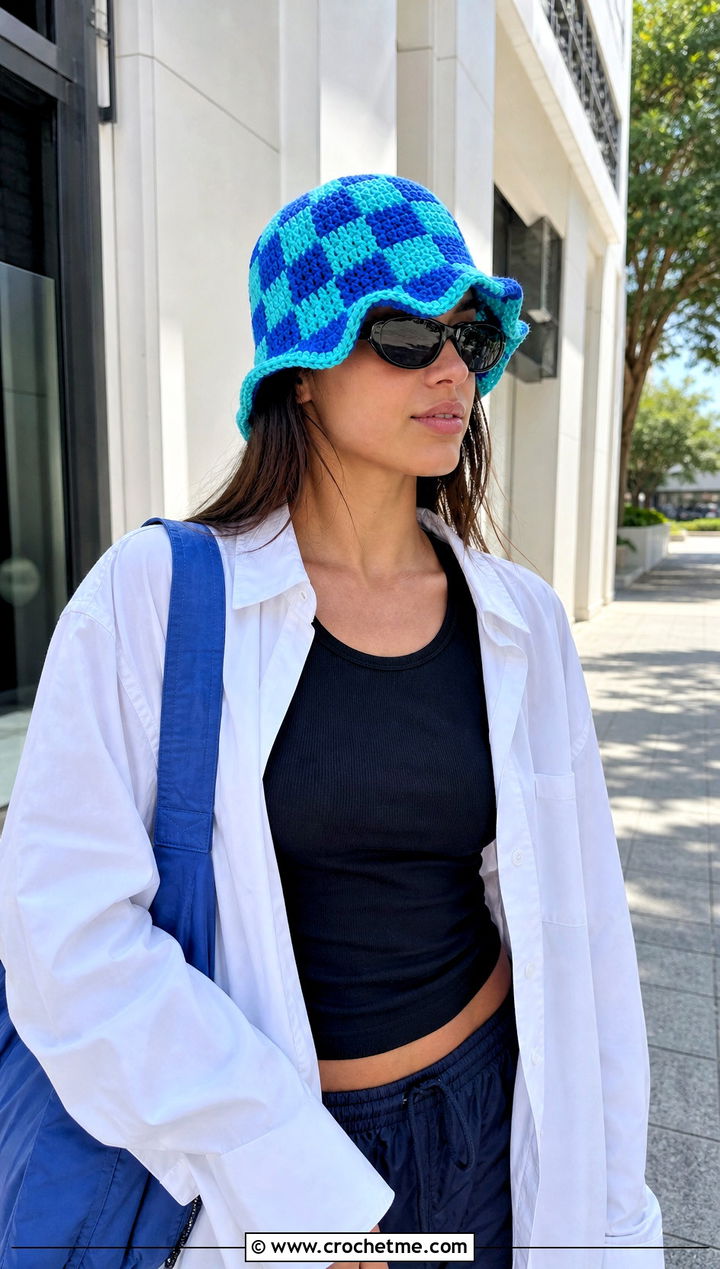 Wavy Brim Checkerboard Crochet Bucket Hat With Biker Shorts - 20 checkerboard crochet bucket hat outfit ideas