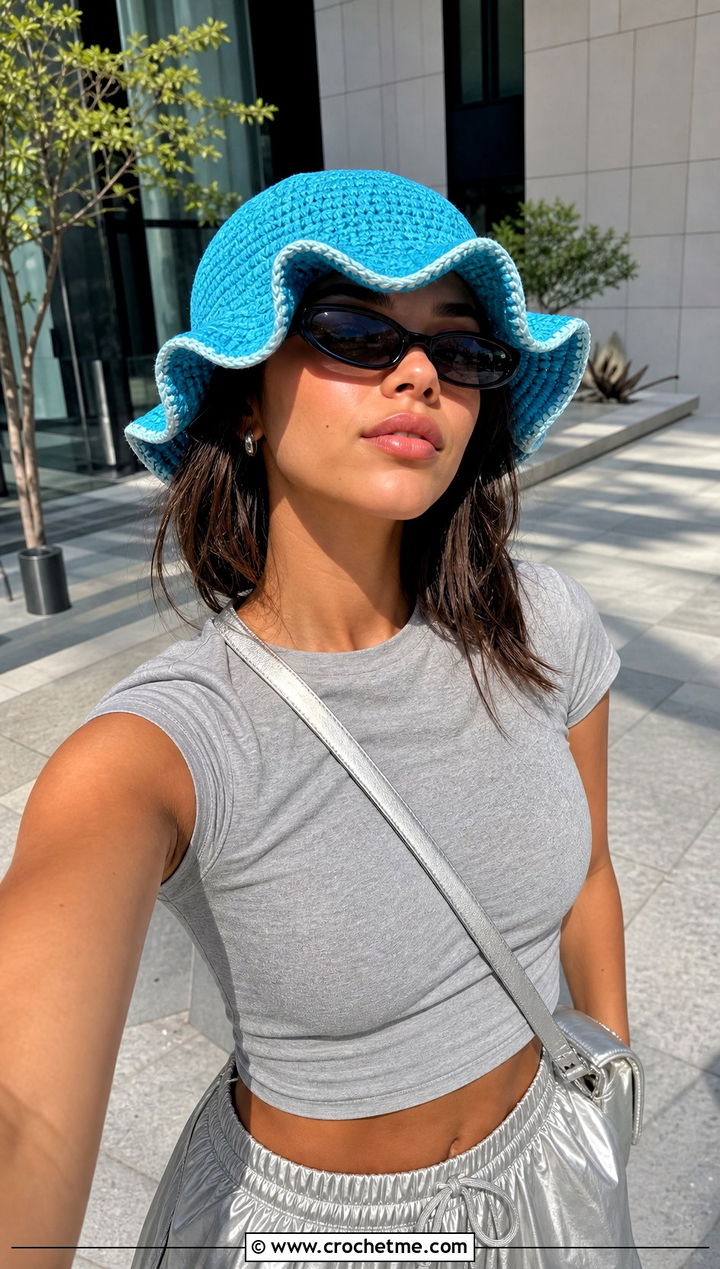 Wavy Brim Crochet Bucket Hat With Baby Tee And Parachute Pants - 30 summer crochet bucket hat outfit ideas
