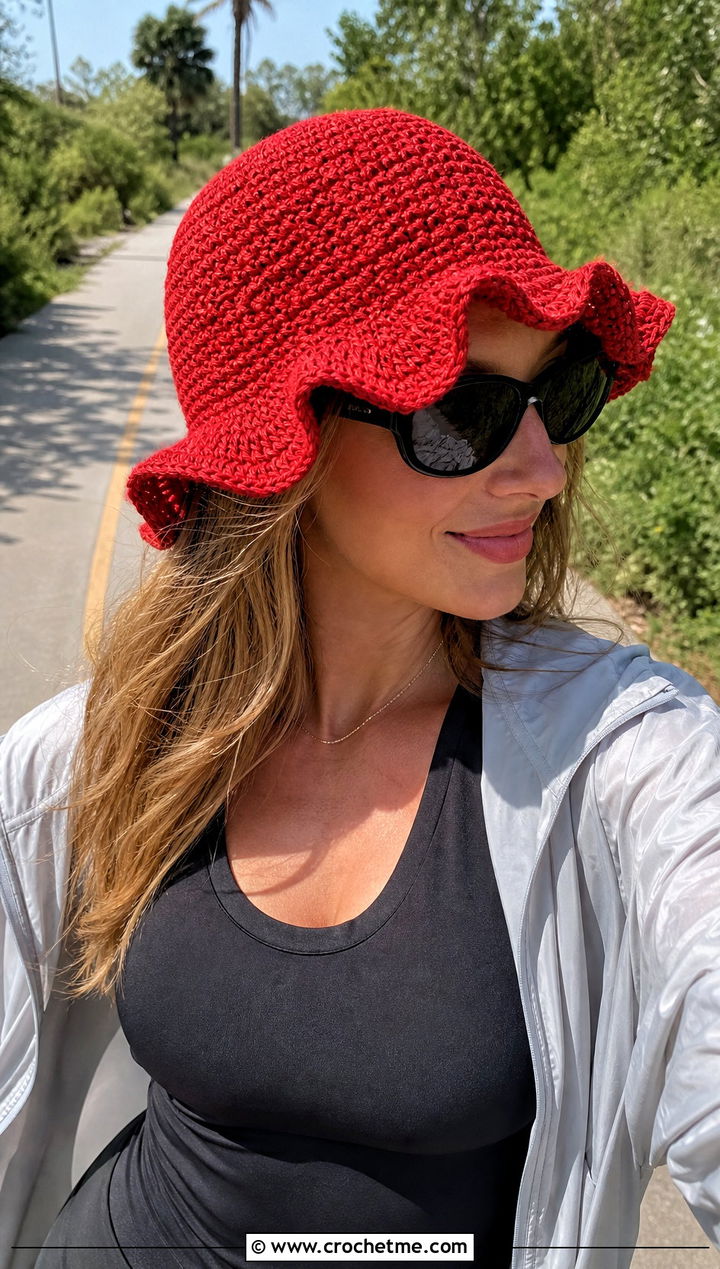 Wavy Brim Crochet Bucket Hat With Bike Shorts - 15 crochet trendy bucket hat outfit ideas