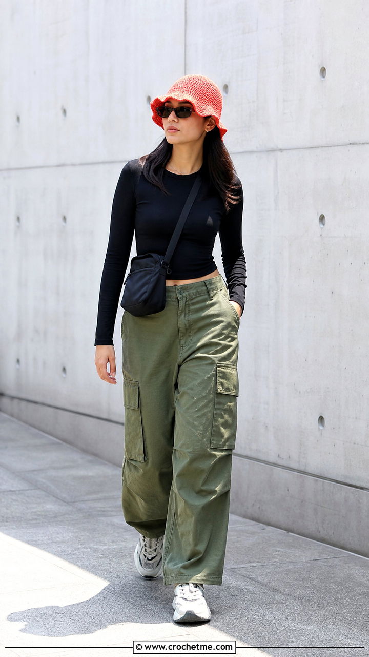 Wavy Brim Crochet Bucket Hat With Cargo Pants - 35 crochet brim hat outfit ideas
