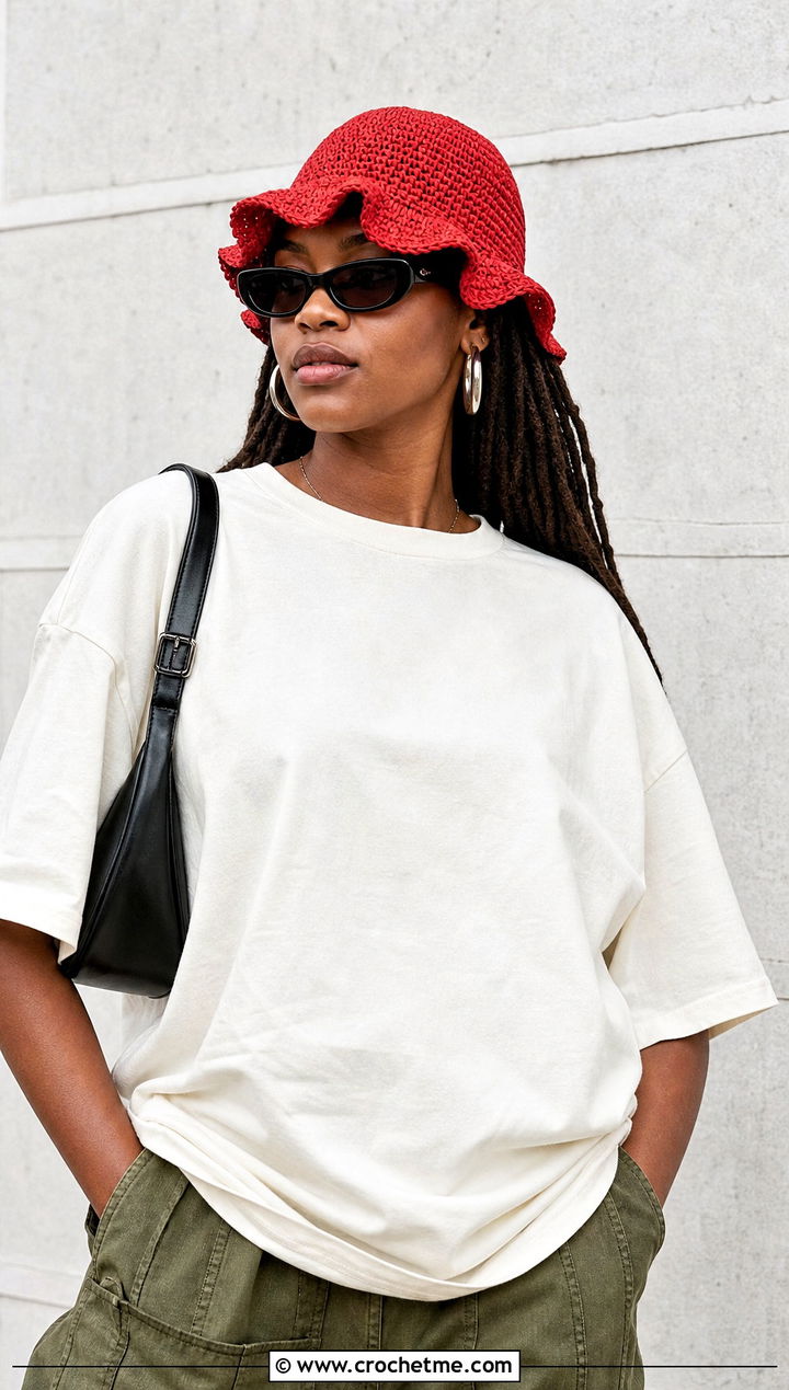 Wavy Brim Crochet Bucket Hat With Cargo Pants - 30 crochet hats black women outfit ideas
