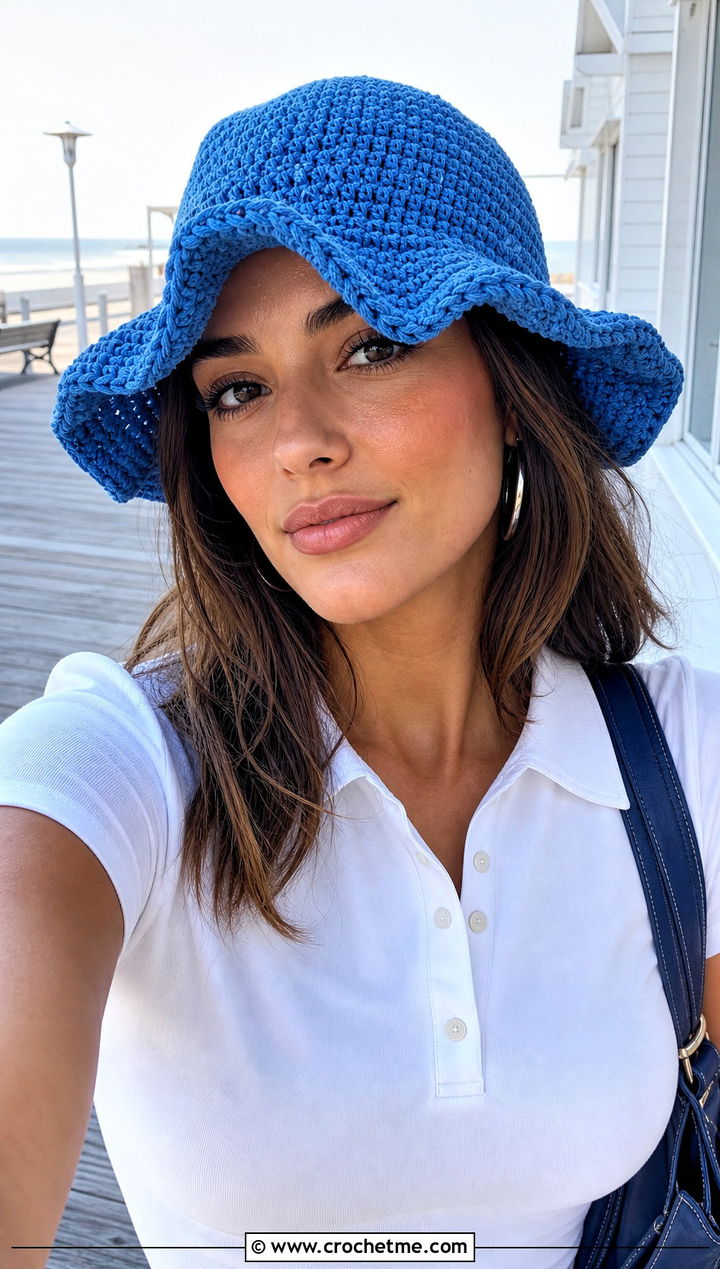 Wavy Brim Crochet Bucket Hat With Mini Dress - 30 easy crochet bucket hat outfit ideas