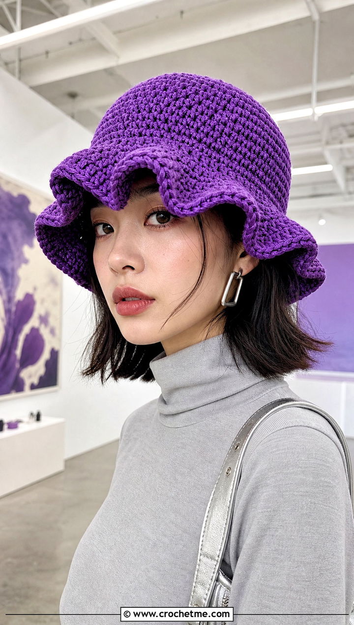 Wavy Brim Crochet Bucket Hat With Monochrome Outfit - 25 Easy Crochet Bucket Hats outfit ideas