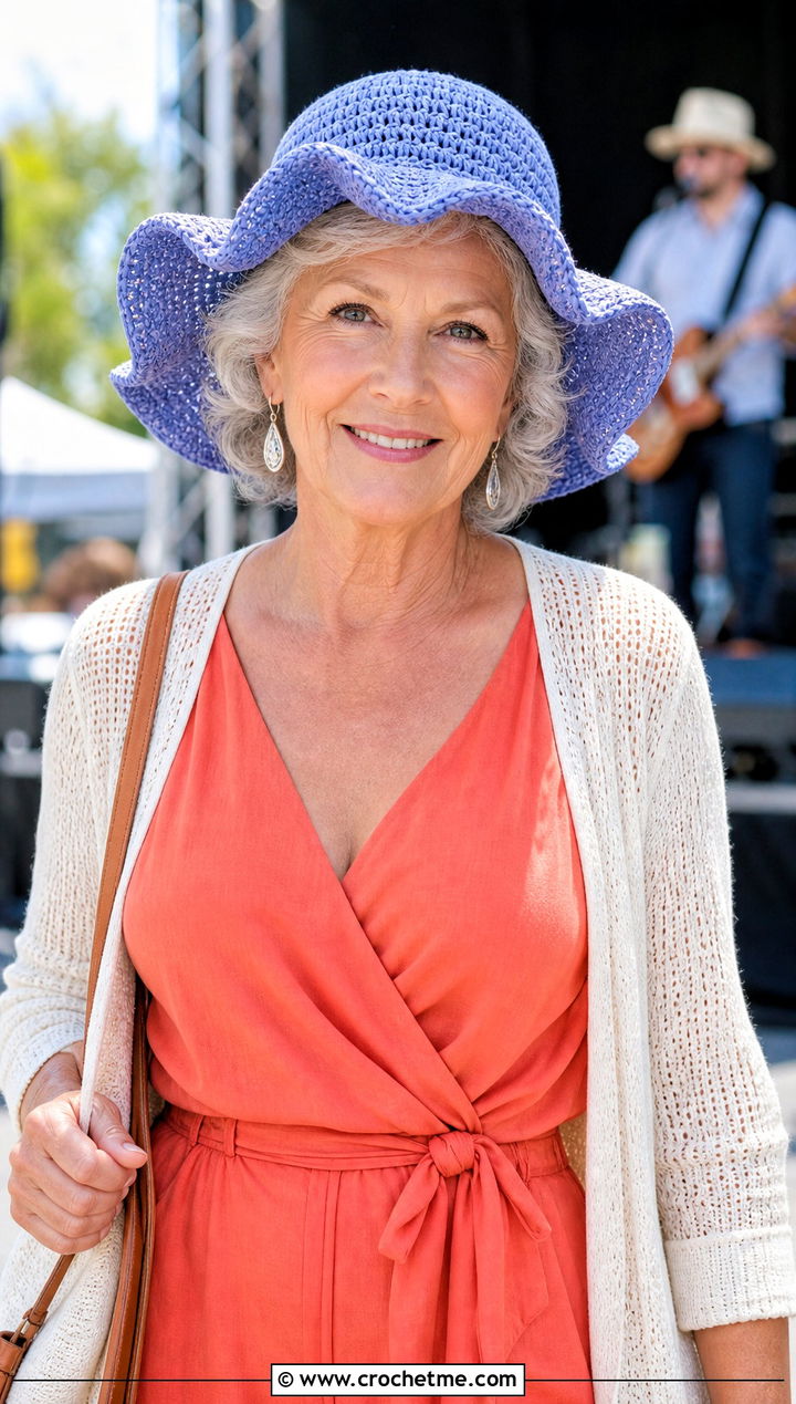 Wavy Brim Crochet Hat With Jumpsuit - 25 Crochet Hat For Grandma outfit ideas