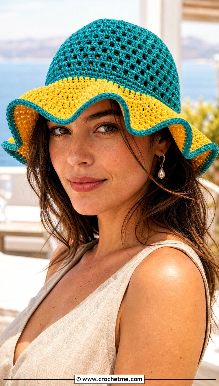 Wavy Brim Crochet Hat With Linen Pants - 30 Two Colors Crochet Hat outfit ideas