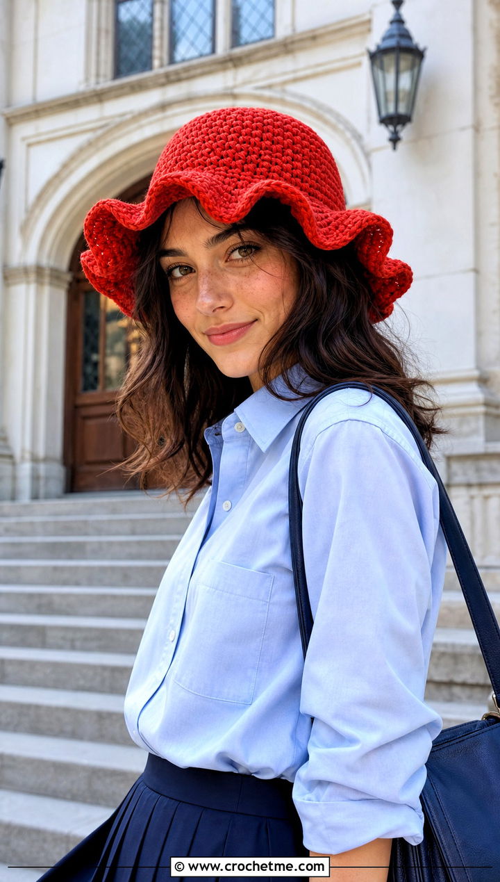 Wavy Brim Crochet Hat With Preppy Outfit - 25 Weird Crochet Hat outfit ideas