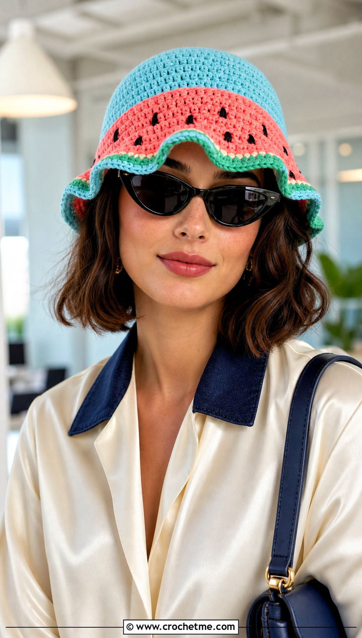 Wavy Brim Crochet Watermelon Bucket Hat With Satin Blouse And Denim Skirt - 30 crochet watermelon bucket hat outfit ideas