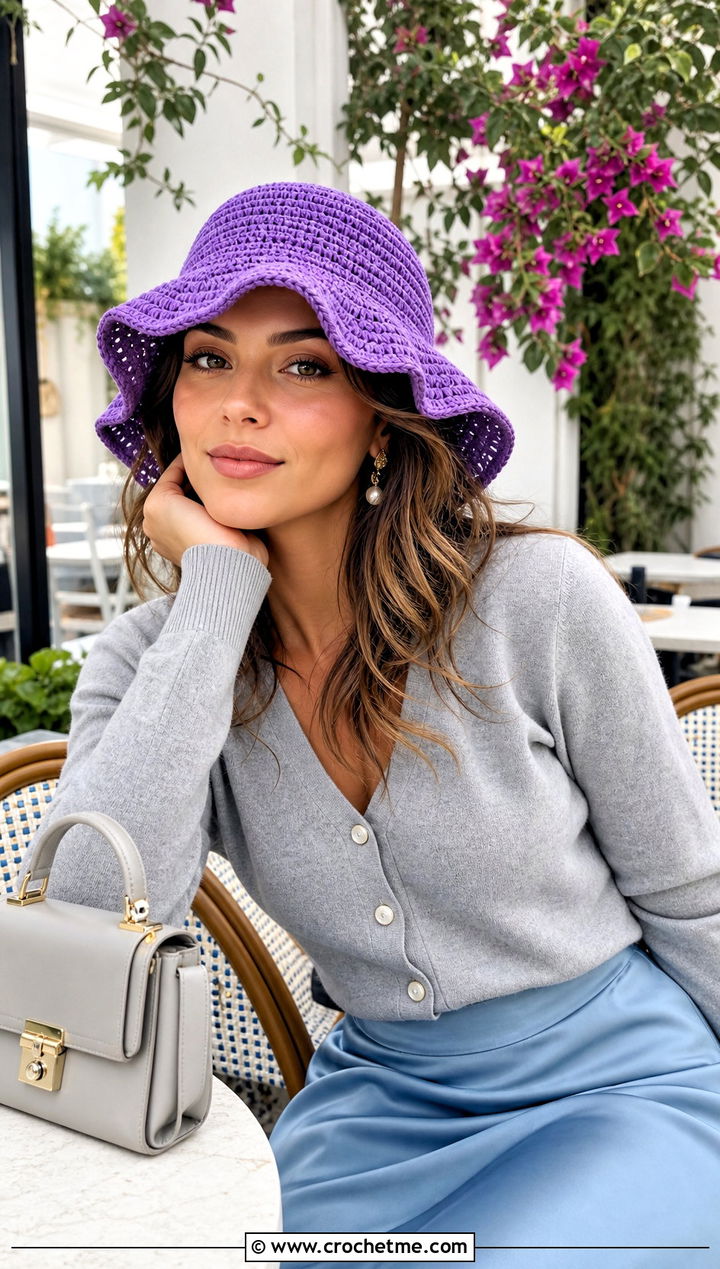 Wavy Brim Double Crochet Bucket Hat With Cardigan And Midi Skirt - 25 Double Crochet Bucket Hat outfit ideas