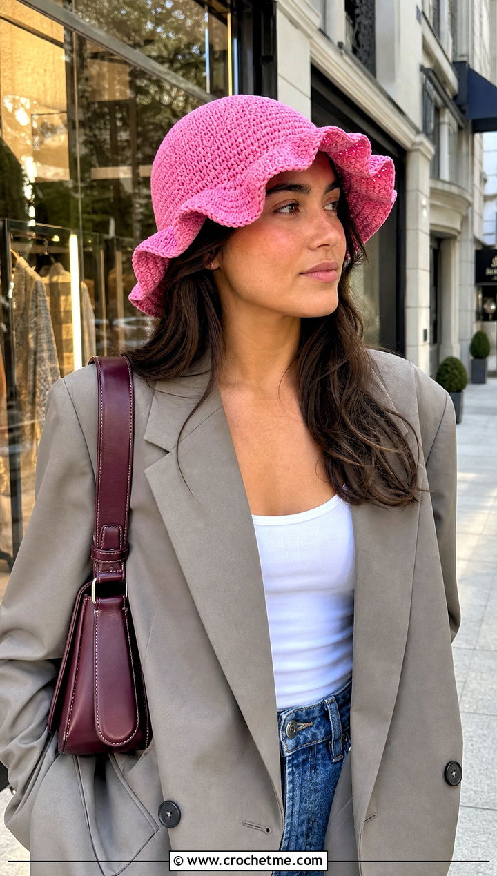 Wavy Brim Floppy Crochet Hat With Blazer And Jeans - 25 floppy crochet hat outfit ideas